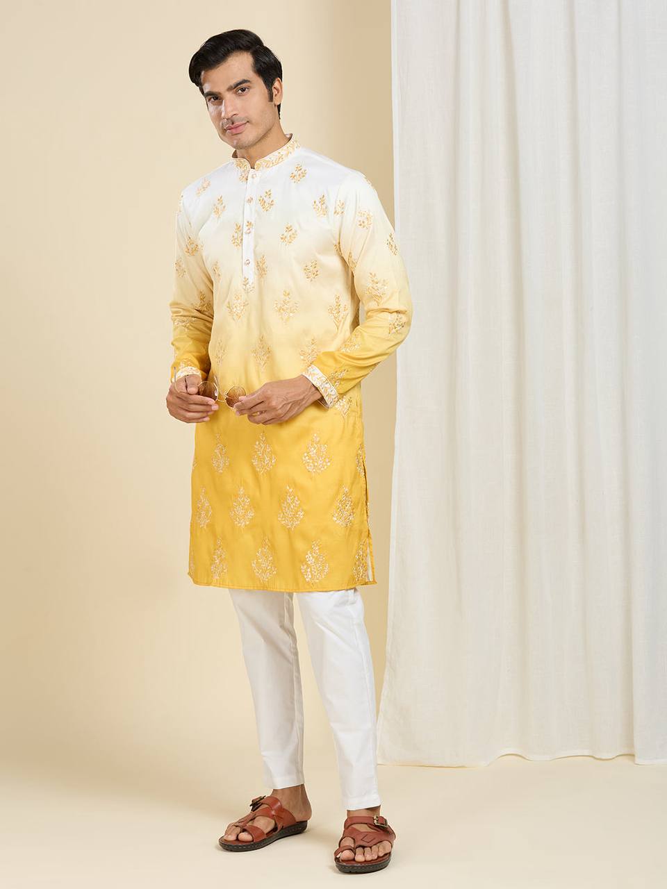 YELLOW & WHITE OMBRE EMBROIDERED WORK KURTA PAJAMA SET FOR MEN'S