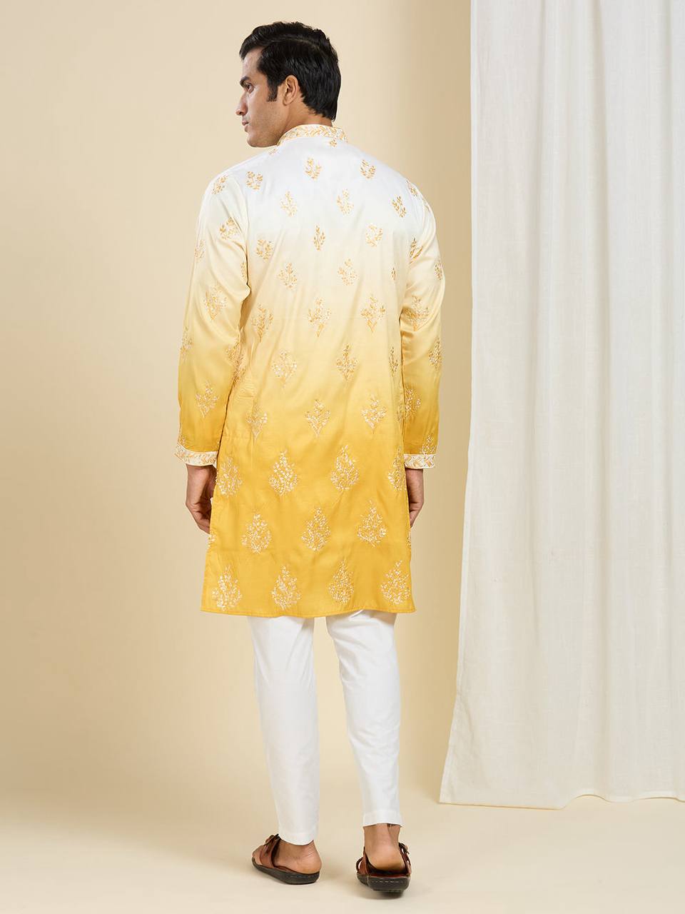 YELLOW & WHITE OMBRE EMBROIDERED WORK KURTA PAJAMA SET FOR MEN'S