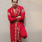 RED  HEAVY JARI EMBROIDERED WORK KURTA PAJAMA AND DUPATTA SET FOR MEN'S
