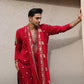 RED  HEAVY JARI EMBROIDERED WORK KURTA PAJAMA AND DUPATTA SET FOR MEN'S
